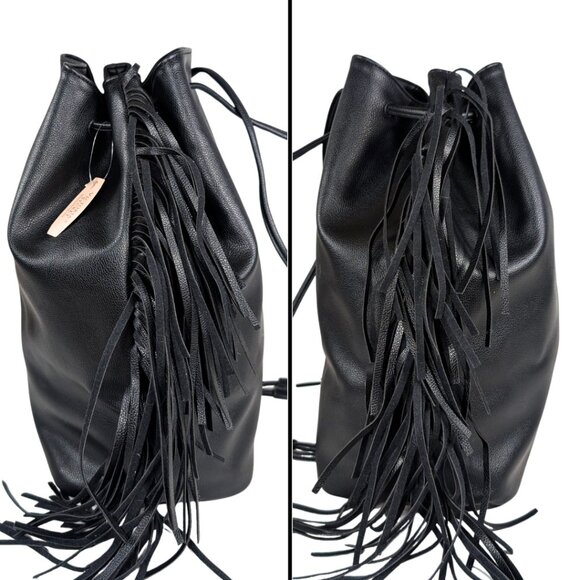 Victoria Secret NWT Black Faux Leather Drawstring Bucket Bag Backpack Tassels - Picture 3 of 7